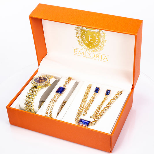 Arany tónusú Emporia Ötvözetű Szett Kék Emporia® Kristállyal és Fehér Emporia® Kristállyal ( Nyaklánc+Fülbevaló+Karkötő )