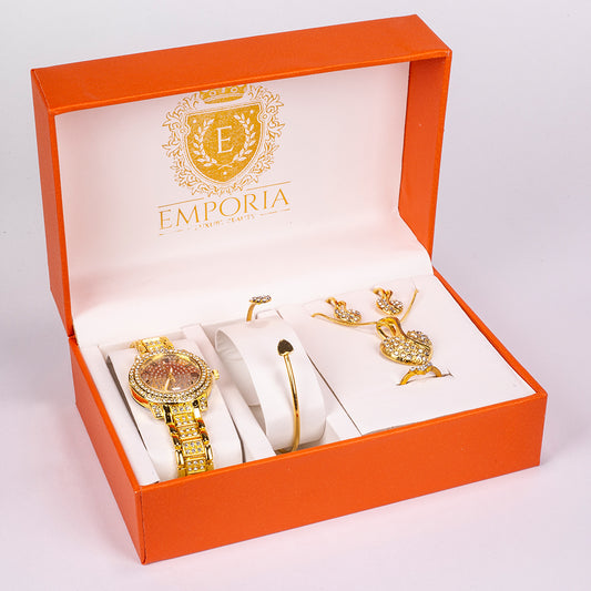 Arany tónusú Emporia Ötvözetű Szett Fehér Emporia® Kristállyal ( Nyaklánc+Fülbevaló+Karkötő+Gyűrű+Medál )