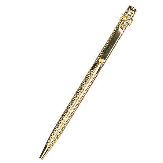 Sárga arany színű toll 6 db fehér Emporia kristállyal díszítve, fekete tintával