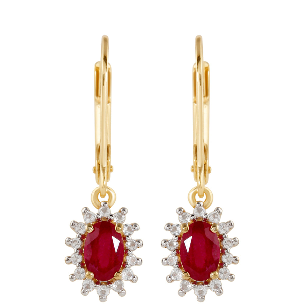 Arannyal Bevont Ezüst Fülbevaló Thai Rubinnal és Fehér Topázzal