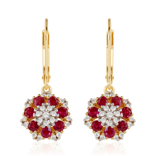 Arannyal Bevont Ezüst Fülbevaló Thai Rubinnal és Fehér Topázzal