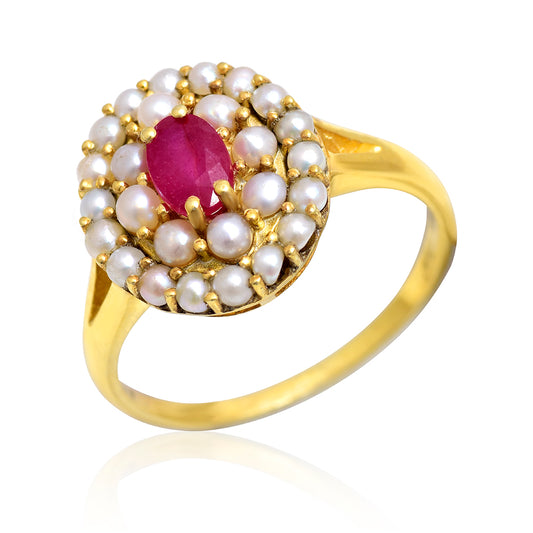 Arannyal Bevont Ezüst Gyűrű Madagaszkári Rubinnal és Fehér Édesvízi Kagylógyönggyel
