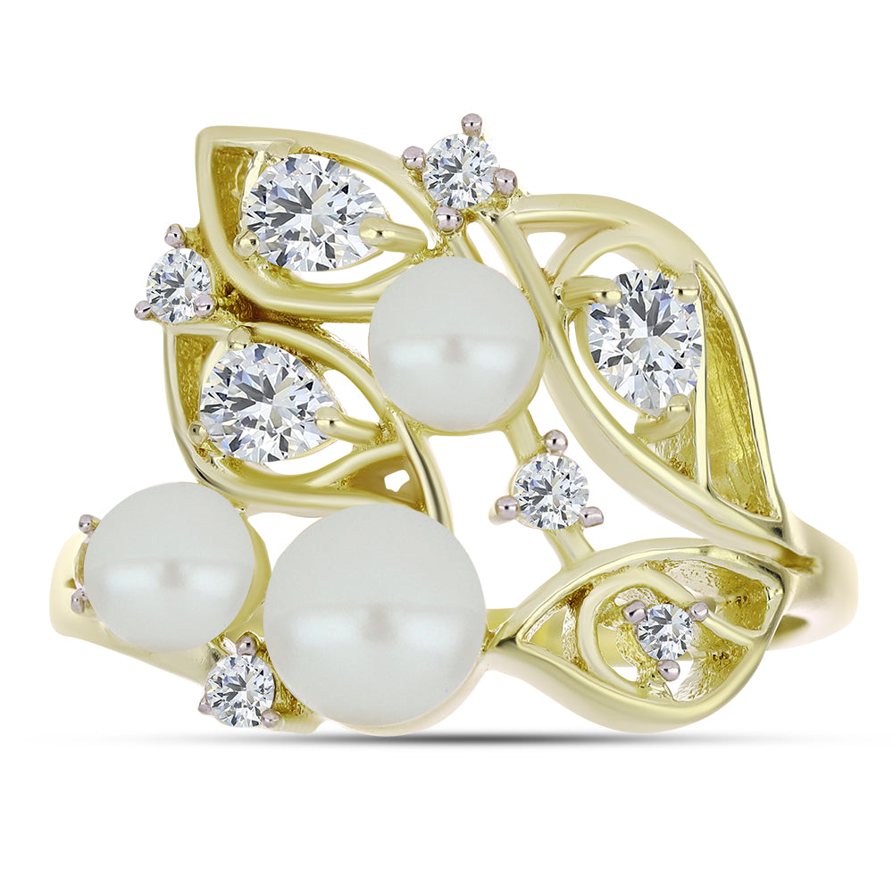 Arannyal Bevont Ezüst Gyűrű Fehér Édesvízi Kagylógyönggyel és Fehér Topázzal