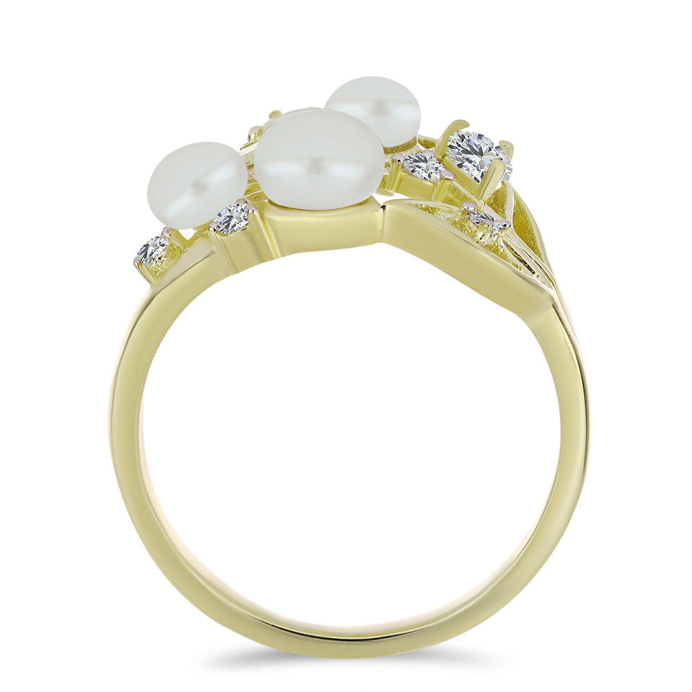 Arannyal Bevont Ezüst Gyűrű Fehér Édesvízi Kagylógyönggyel és Fehér Topázzal