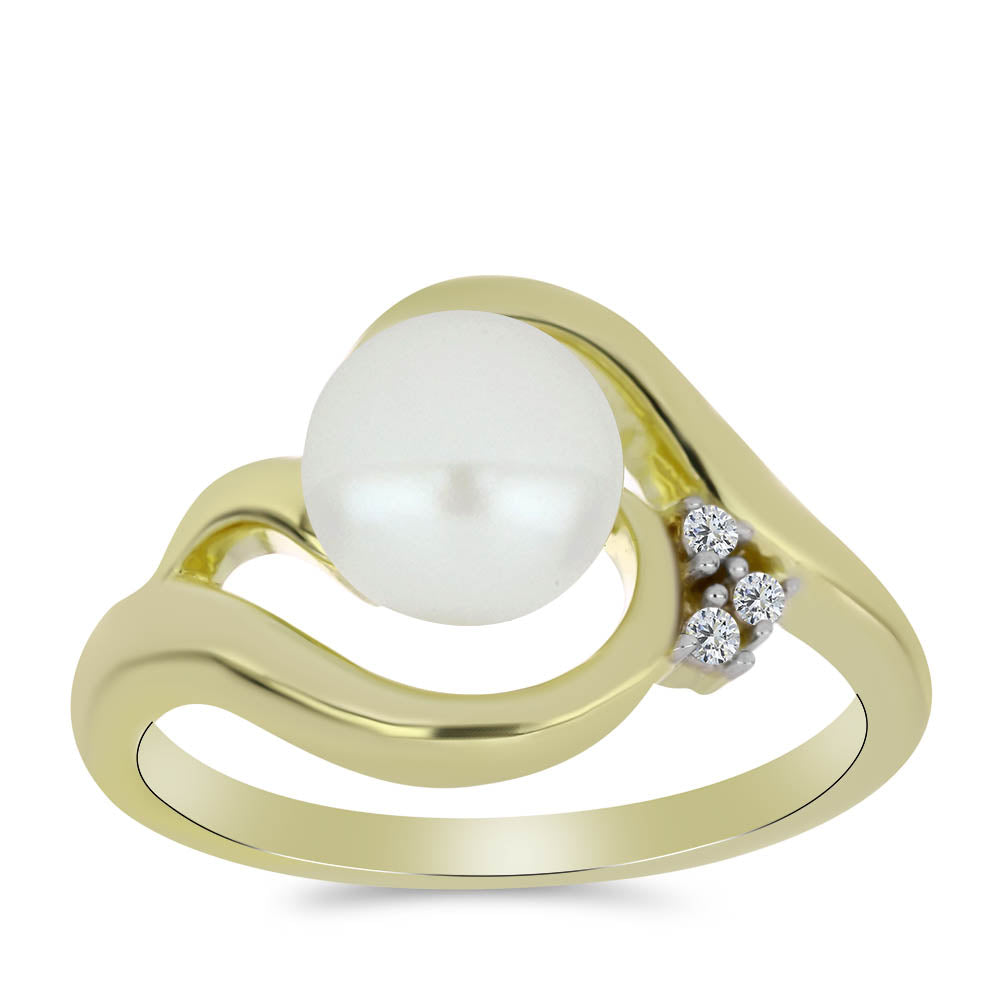 Arannyal Bevont Ezüst Gyűrű Fehér Édesvízi Kagylógyönggyel és Fehér Topázzal 3 