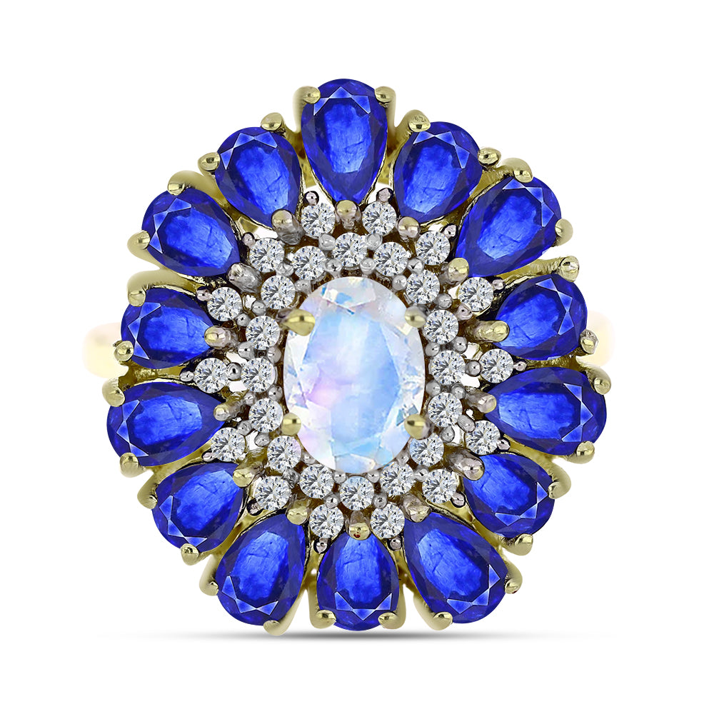 Arannyal Bevont Ezüst Gyűrű Szivárvány Holdkővel és Ausztrál Kék Zafírral 1 