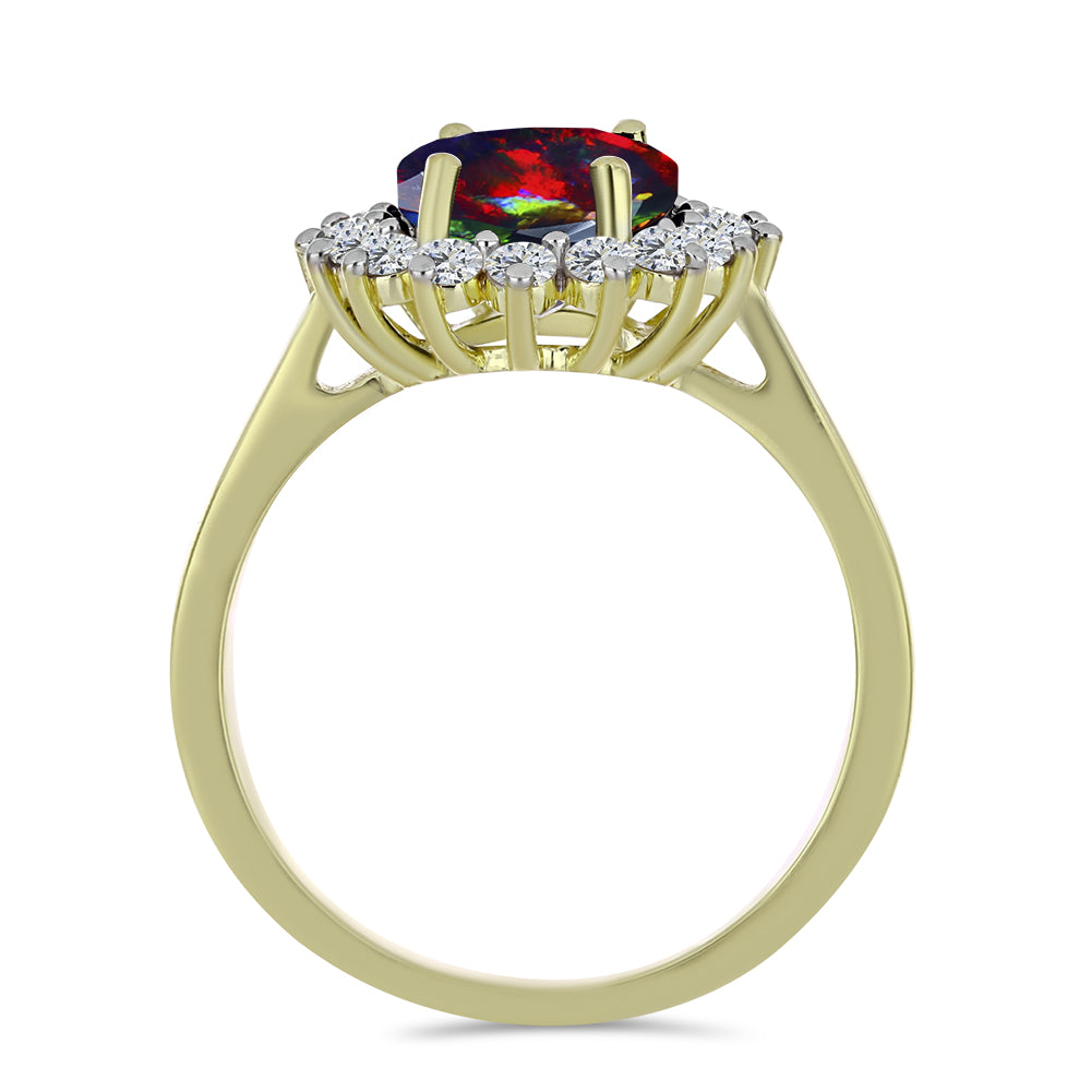 Arannyal Bevont Ezüst Gyűrű Lega Dembi Éjfekete Etiópiai Opállal és Fehér Topázzal