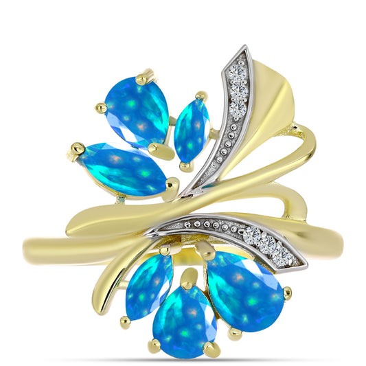 Arannyal Bevont Ezüst Gyűrű Etiópiai Paradicsomi Opállal és Fehér Topázzal