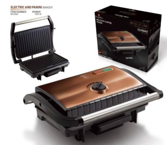 Berlinger Haus Elektromos Grill és Szendvicssütő Tapadásmentes Bevonattal, Rosegold 4 