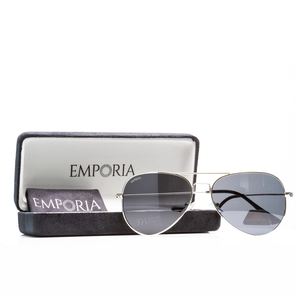 Emporia Italy - Pilóta Napszemüveg "FŐNÖK", polarizált UV szűrős napszemüveg tokkal és tisztítókendővel, sötétszürke lencsék, ezüst színű keret