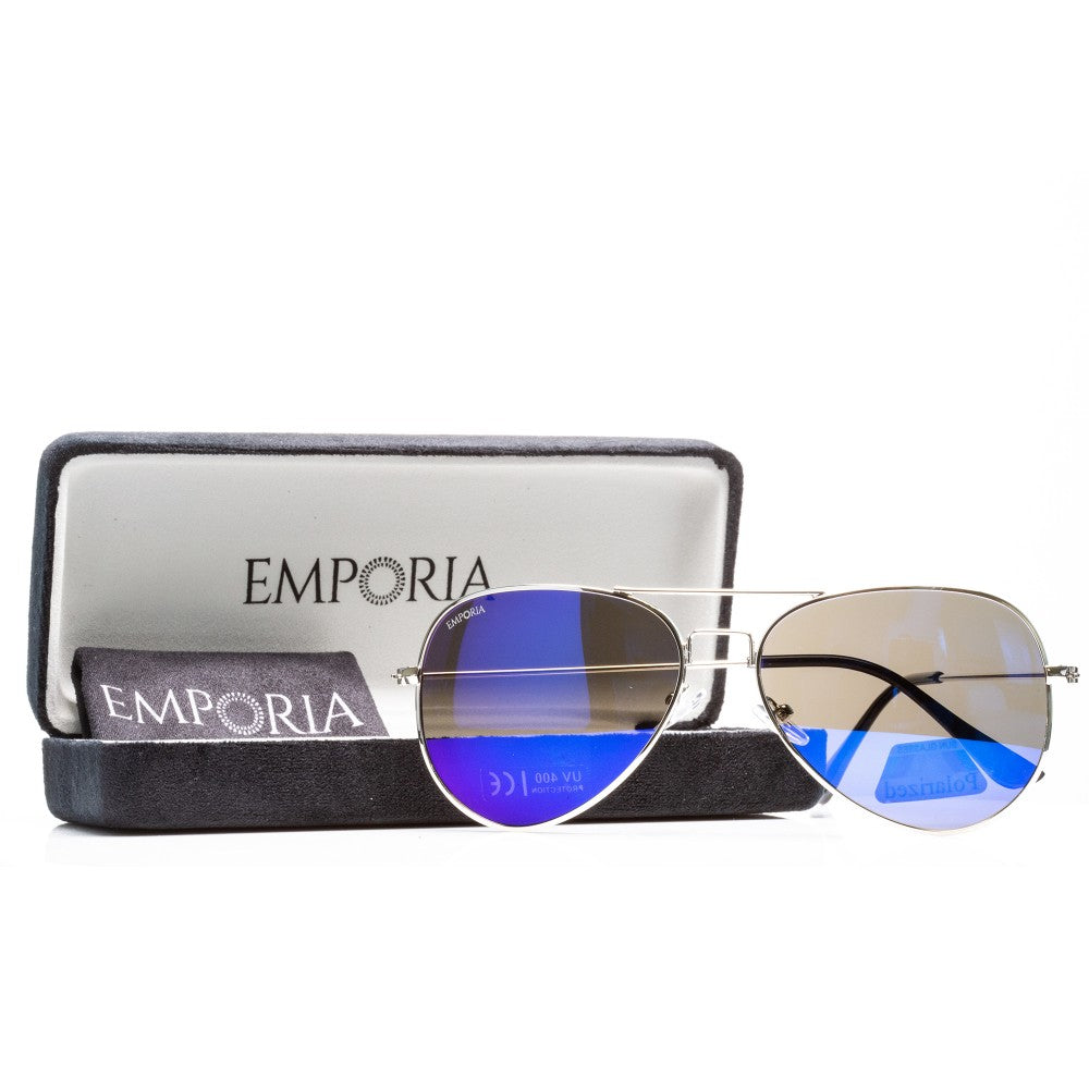 Emporia Italy - Pilóta Napszemüveg "LAGÚNA", polarizált UV szűrős napszemüveg tokkal és tisztítókendővel, kékeslilás lencsék, ezüst színű keret 1 