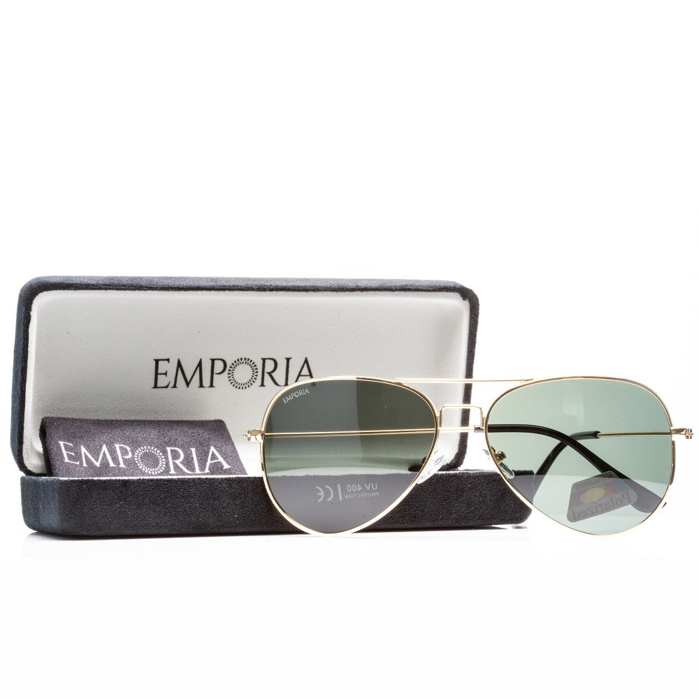 Emporia Italy - Pilóta Napszemüveg "EREDETI", polarizált UV szűrős napszemüveg tokkal és tisztítókendővel,  klasszikus sötétzöld lencsék, arany színű keret 1 
