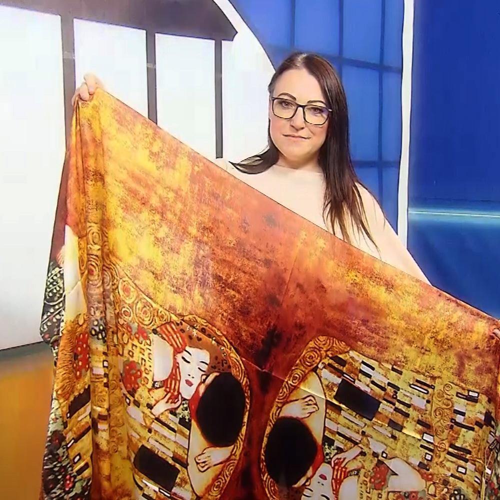 100% Selyem Sál, 90 cm x 180 cm, Klimt - A Csók 4 100% Valódi Selyem Sál-Kendő, 90 cm x 180 cm, Klimt - The Kiss festmény mintás - Ékszer Galéria