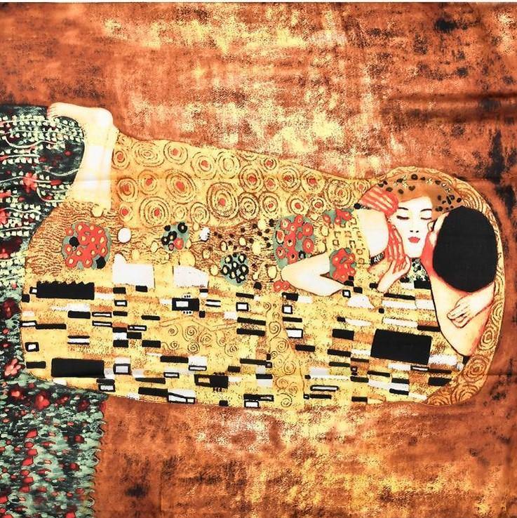 100% Selyem Sál, 90 cm x 180 cm, Klimt - A Csók 9 100% Valódi Selyem Sál-Kendő, 90 cm x 180 cm, Klimt - The Kiss festmény mintás - Ékszer Galéria