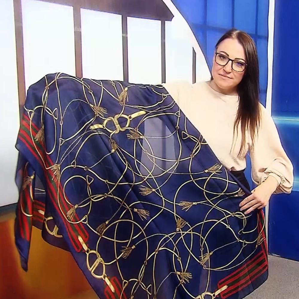 100% Valódi Selyem Sál-Kendő, 90 cm x 180 cm, Arany Lánc Mintás Sötétkék - Ékszer Galéria