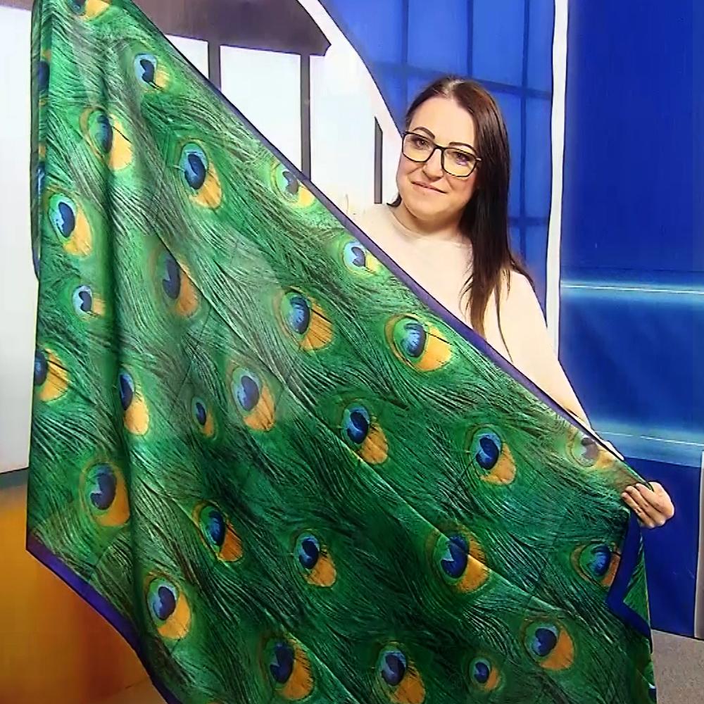 Selyem Sál-Kendő, 90 cm x 180 cm, Pávatoll Mintás, Zöld 3 