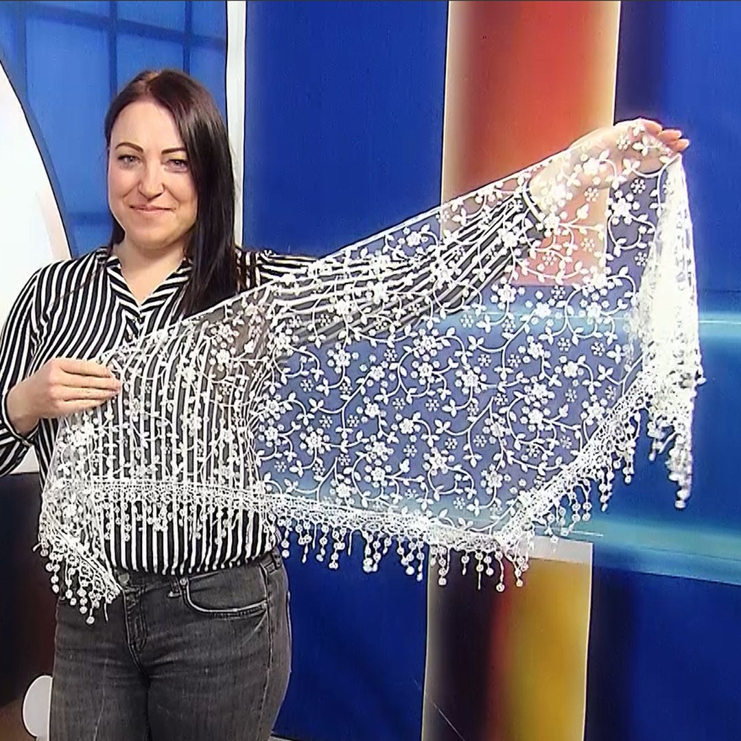 Csillogó Virág Mintás Háromszög Sál-Kendő, 45 cm x 45 cm x 170 cm, Fehér 1 