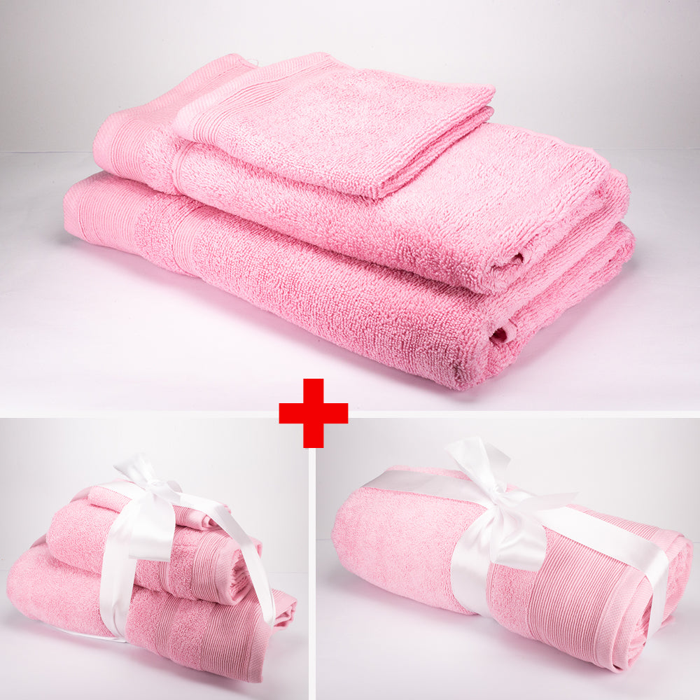 3+3+1 Nagyméretű Fürdőlepedő 100% Mikropamut Törölköző Ajándékszett, 500 GSM, Pasztel Rózsaszín 1 