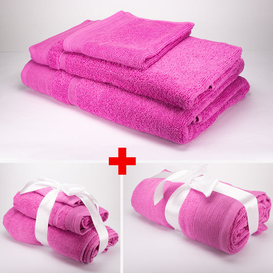 3+3+1 Nagyméretű Fürdőlepedő 100% Mikropamut Törölköző Ajándékszett, 500 GSM, Fukszia Rózsaszín