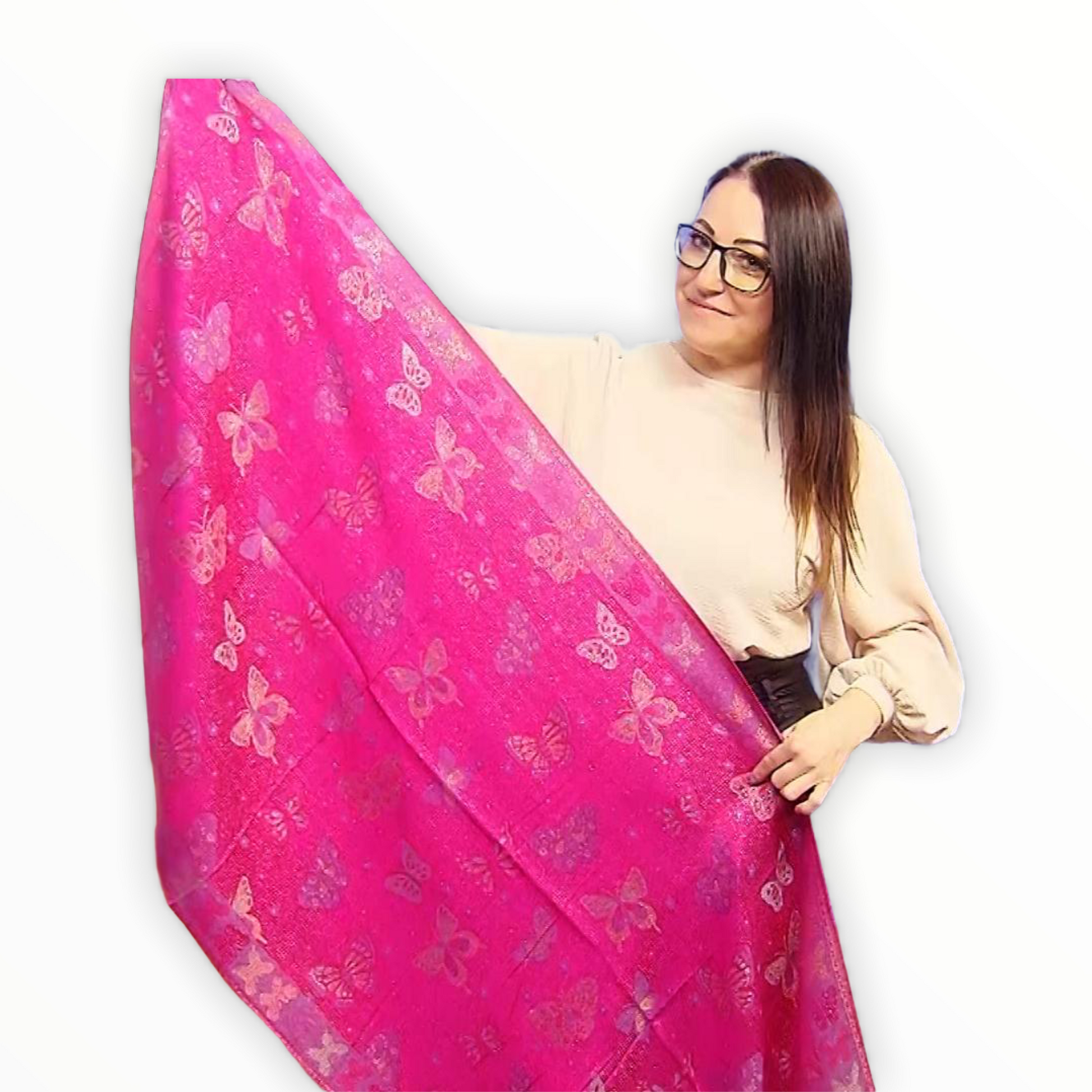 100% Valódi Pashmina Kasmír Sál-Kendő, 70 cm x 170 cm, Pillangó Mintás, Fényes Fukszia Rózsaszín 1 100% Valódi Pashmina Kasmír Sál-Kendő, 70 cm x 170 cm, Pillangó Mintás, Fényes Fukszia Rózsaszín - Ékszer Galéria