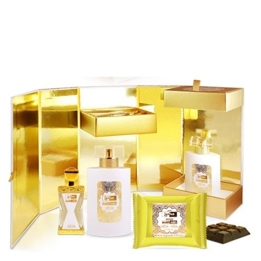 50 ml Eau de Parfum + 20ml Parfum Olaj + 40g Bakhoor Makh Mikh AJÁNDÉK CSOMAG Orientális-Virágos Illat Férfiaknak és Nőknek 3 