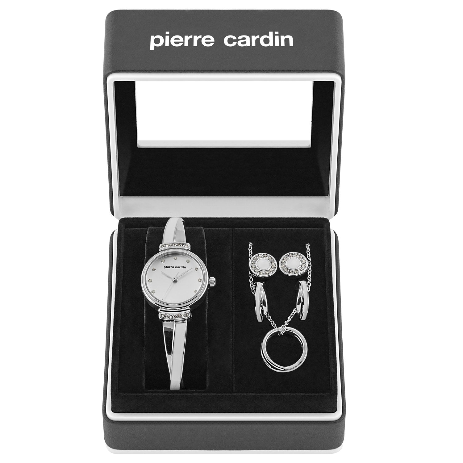 4 darabos Pierre Cardin karóra, 2 pár fülbevaló és nyaklánc szett 3 