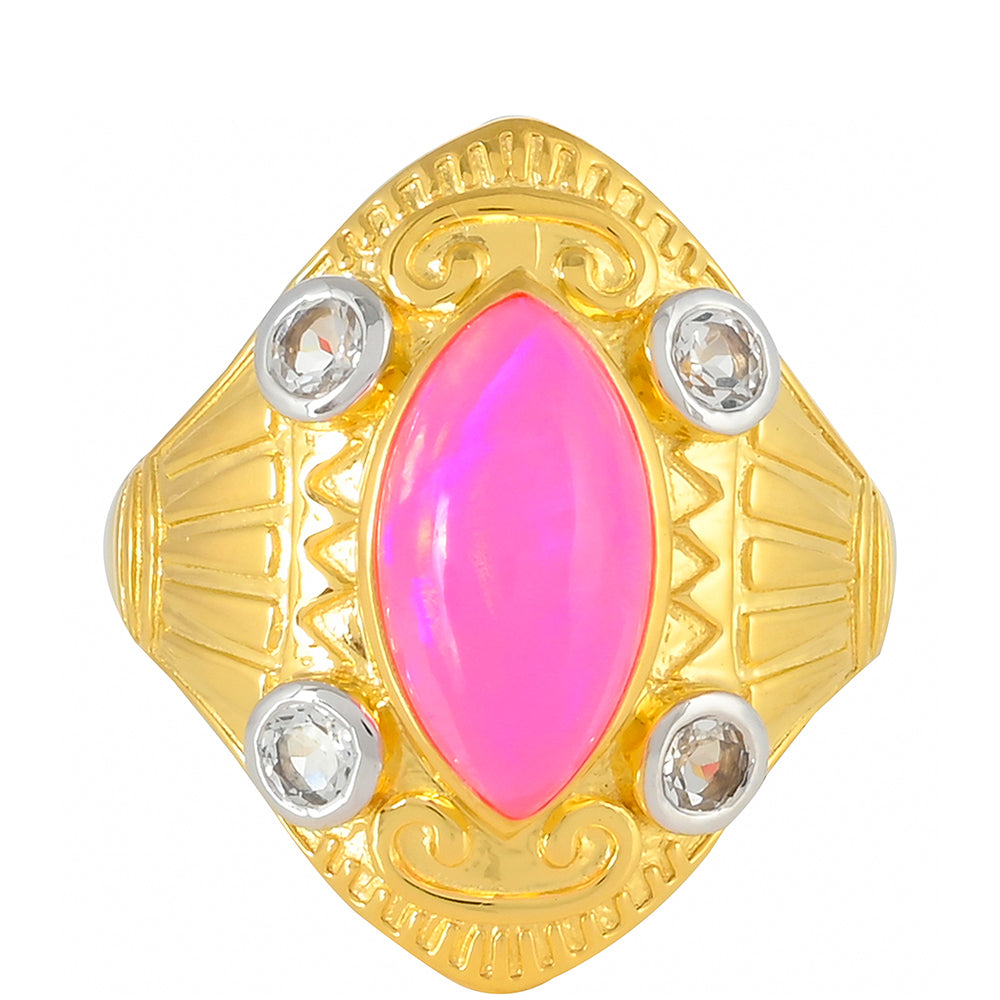 Arannyal Bevont Ezüst Gyűrű Etiópiai Neon Pink Opállal és Fehér Topázzal 1 