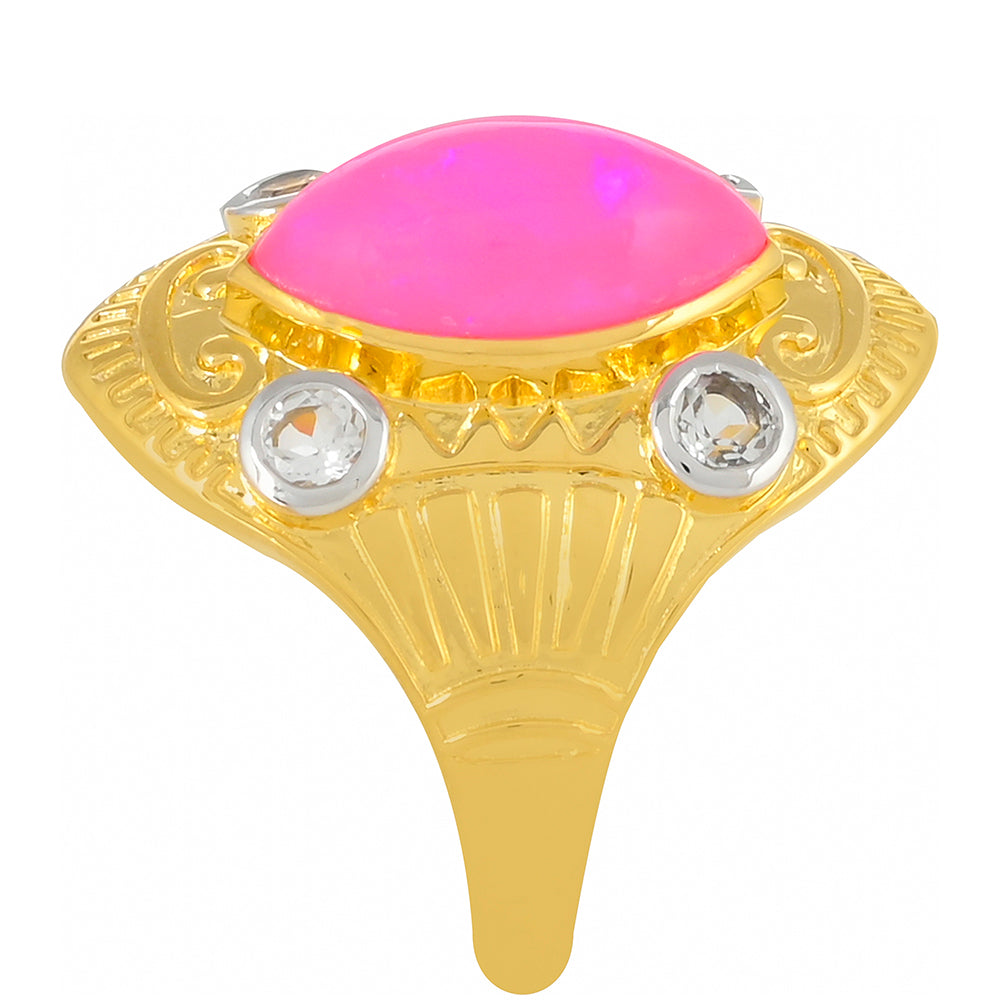 Arannyal Bevont Ezüst Gyűrű Etiópiai Neon Pink Opállal és Fehér Topázzal 3 
