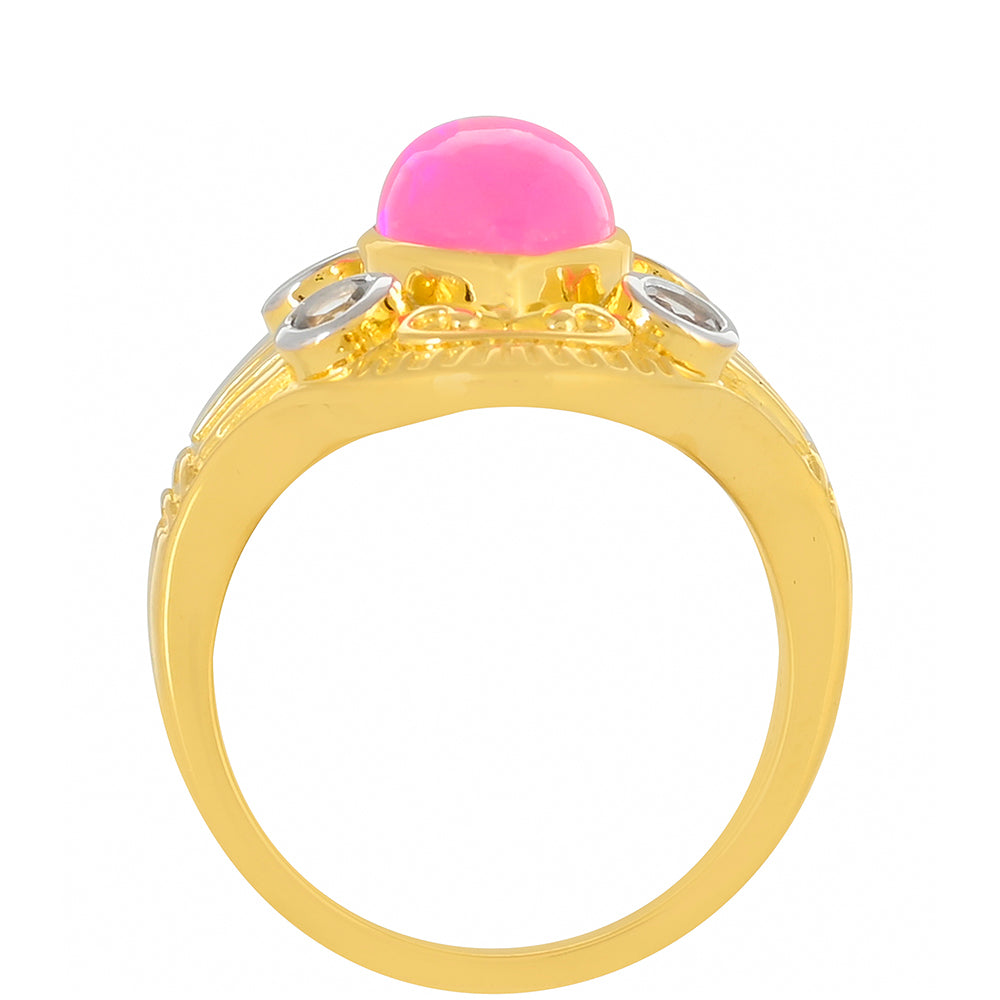 Arannyal Bevont Ezüst Gyűrű Etiópiai Neon Pink Opállal és Fehér Topázzal 4 