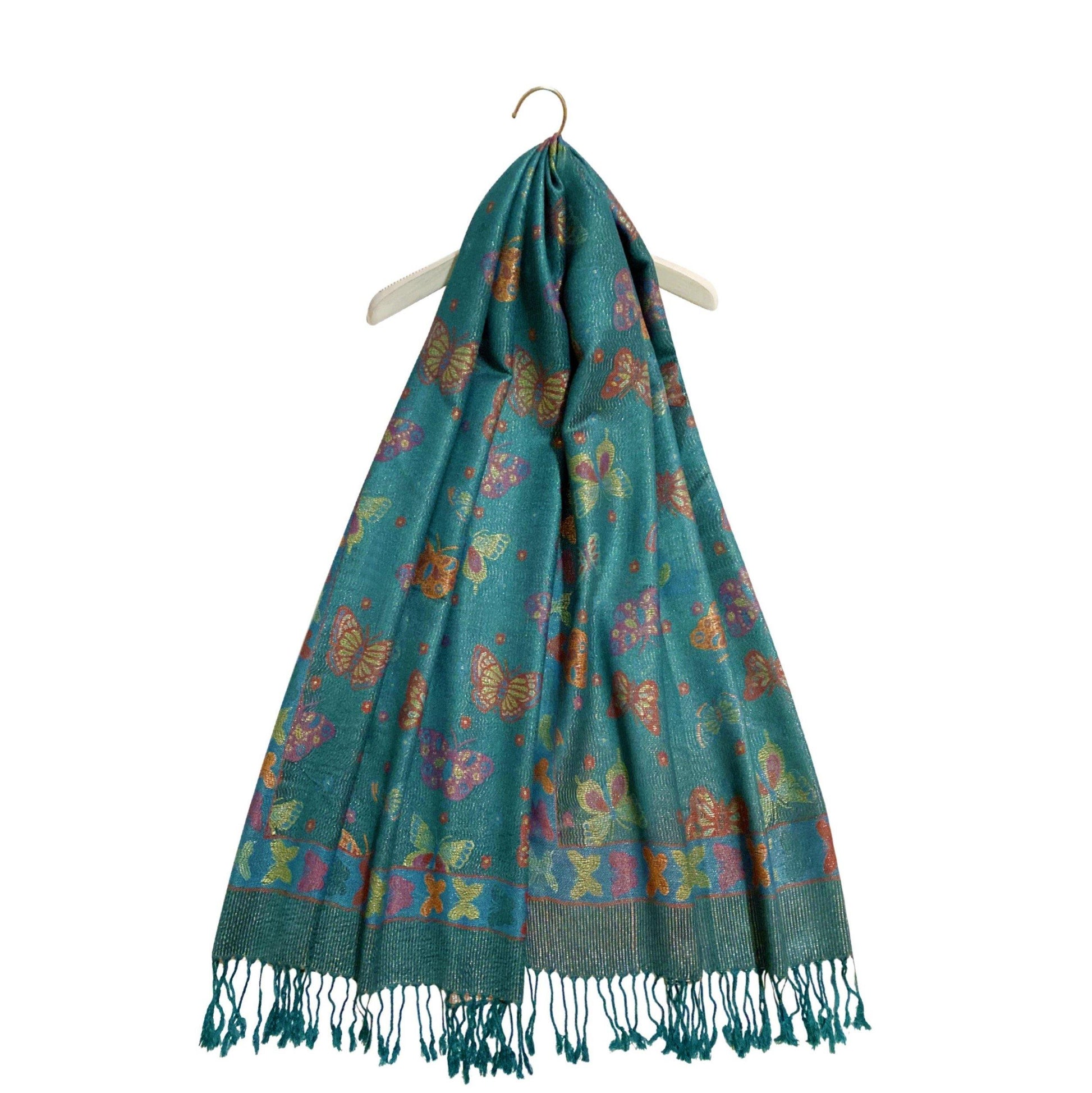 100% Valódi Pashmina Kasmír Sál-Kendő, 70 cm x 170 cm, Pillangó Mintás, Fényes Zöldeskék 2 100% Valódi Pashmina Kasmír Sál-Kendő, 70 cm x 170 cm, Pillangó Mintás, Fényes Zöldeskék - Ékszer Galéria