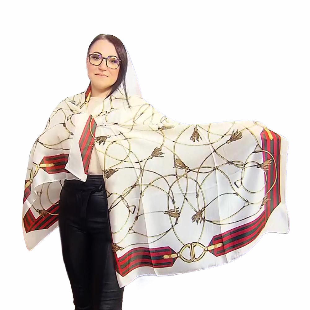 Lánc és csat mintázatú, krém színű, 100% selyemsál, 90x180cm 2 100% Valódi Selyem Sál-Kendő, 90 cm x 180 cm, Arany Lánc Mintás, Krém - Ékszer Galéria
