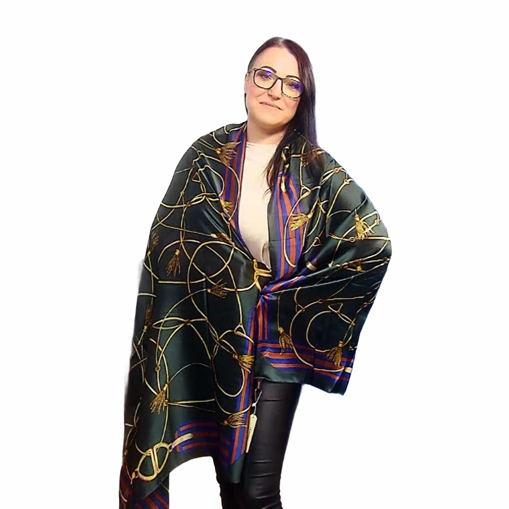 100% Valódi Selyem Sál-Kendő, 90 cm x 180 cm, Arany Lánc Mintás, Zöld 2 100% Valódi Selyem Sál-Kendő, 90 cm x 180 cm, Arany Lánc Mintás, Zöld - Ékszer Galéria