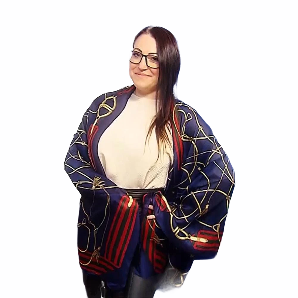 100% Valódi Selyem Sál-Kendő, 90 cm x 180 cm, Arany Lánc Mintás Sötétkék - Ékszer Galéria