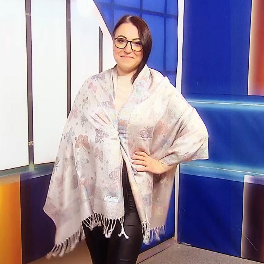 100% Valódi Pashmina Kasmír Sál-Kendő, 70 cm x 170 cm, Pillangó Mintás, Fényes Fehér 2 100% Valódi Pashmina Kasmír Sál-Kendő, 70 cm x 170 cm, Pillangó Mintás, Fényes Fehér - Ékszer Galéria